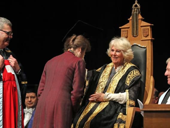 The Duchess of Rothesay, presents an honorary degree to her sister-in-law the Princess Royal at the University of Aberdeen. Picture: Andrew Milligan / PA Wire