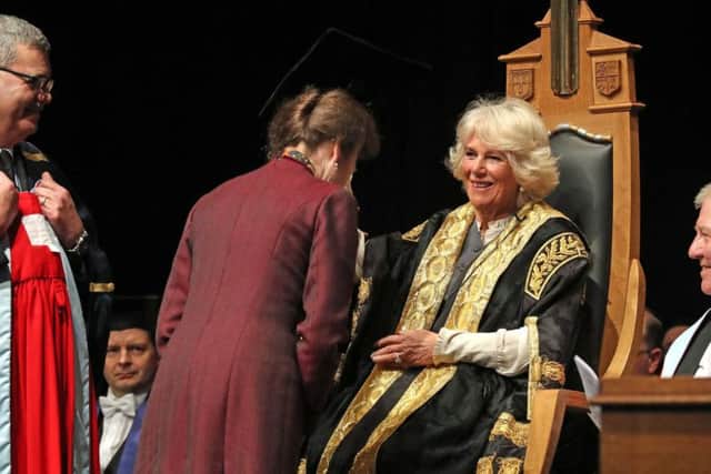 The Duchess of Rothesay, presents an honorary degree to her sister-in-law the Princess Royal at the University of Aberdeen. Picture: Andrew Milligan / PA Wire