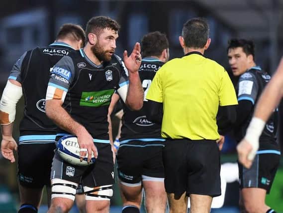 Callum Gibbins was yellow carded by French referee Romain Poite. Picture: SRU/SNS