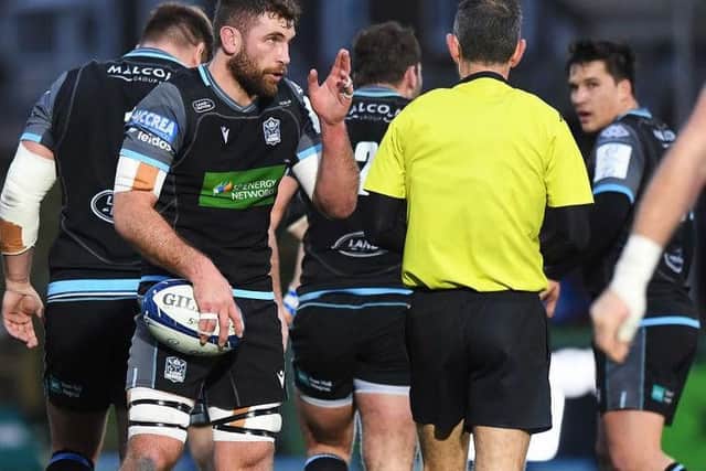 Callum Gibbins was yellow carded by French referee Romain Poite. Picture: SRU/SNS