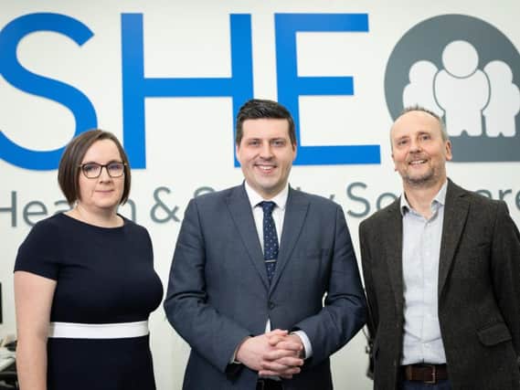 Victoria Carmichael of Scottish Enterprise, MSP Jamie Hepburn and SHE Software chief executive Matthew Elson. Picture: Scottish Enterprise