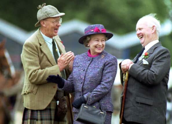 RHS president Jack Sleigh (right) with the Queen and judge Ewan Ormiston at the Royal Highland Show in 1992.