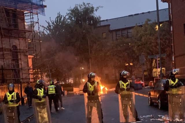Streets in Govan were blocked by police as trouble flared following an Irish Unity march and counter-protest.