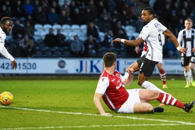 Jon Obika breaks the deadlock for St Mirren.