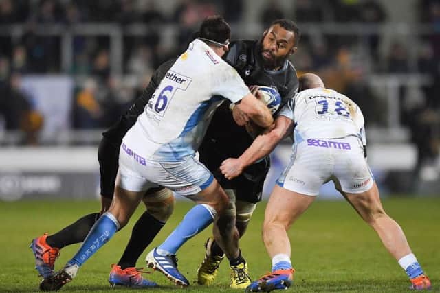 Glasgow Warriors' Leone Nakarawa scored an early try but is tackled here by Sale Sharks' Rob Webber and Jake Cooper-Woolley. Picture: Dave Howarth/PA
