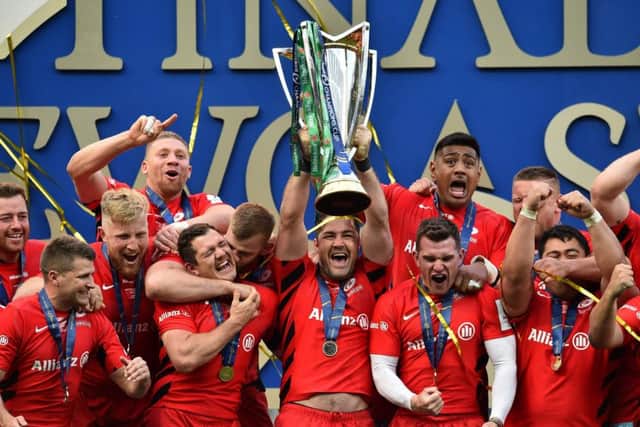 Saracens celebrate their 2019 European Champions Cup final win. Next season they'll be playing in the second tier of English rugby. Picture: Glyn Kirk/AFP via Getty Images