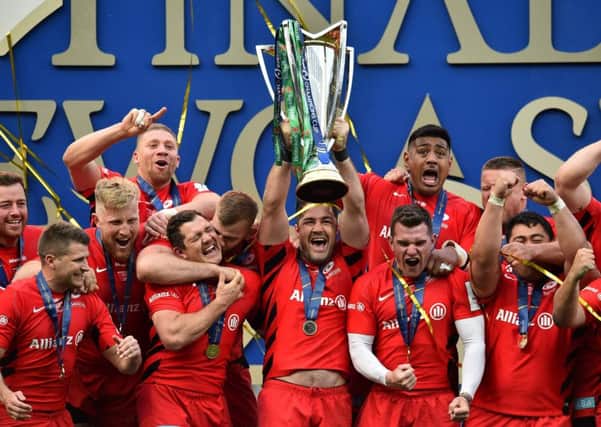 Saracens celebrate their 2019 European Champions Cup final win. Next season they'll be playing in the second tier of English rugby. Picture: Glyn Kirk/AFP via Getty Images