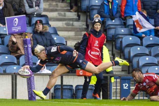 Darcy Graham completes his hat-trick of tries against Agen and there was one more still to come. Picture: SNS/SRU