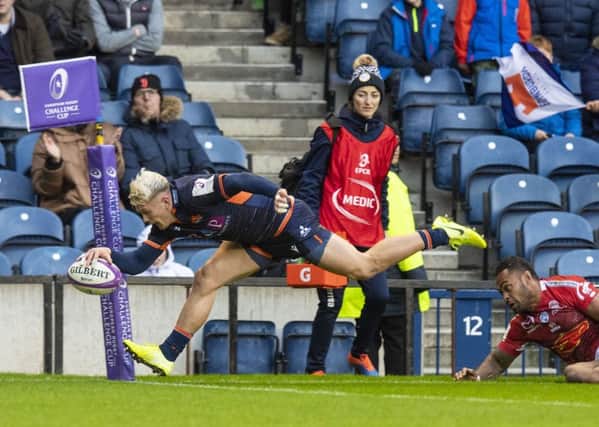 Darcy Graham completes his hat-trick of tries against Agen and there was one more still to come. Picture: SNS/SRU