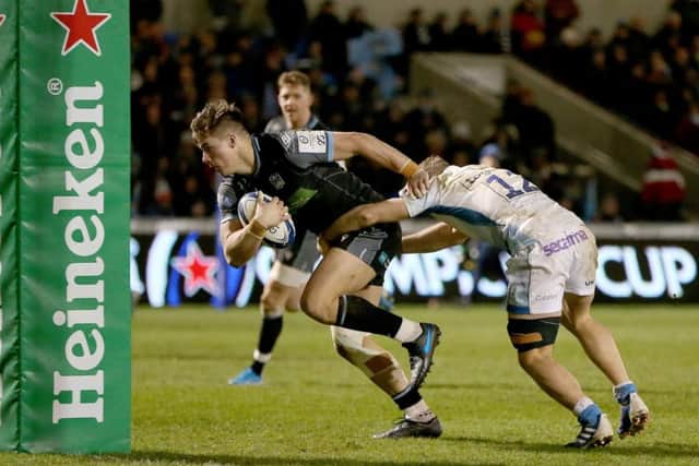 Glasgow centre Huw Jones goes over the Sale line but the try was disallowed for an earlier offside decision against Jonny Gray. Picture: Getty.