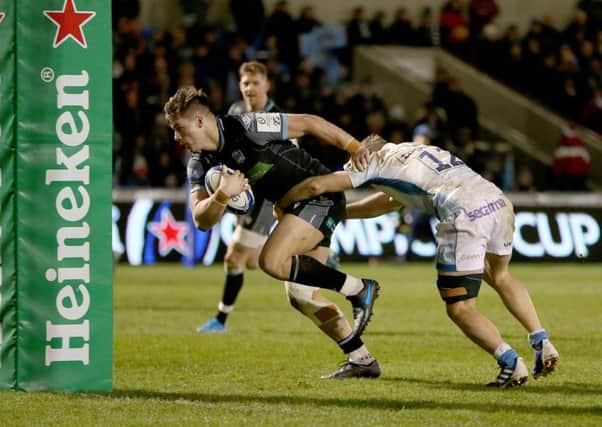 Glasgow centre Huw Jones goes over the Sale line but the try was disallowed for an earlier offside decision against Jonny Gray. Picture: Getty.