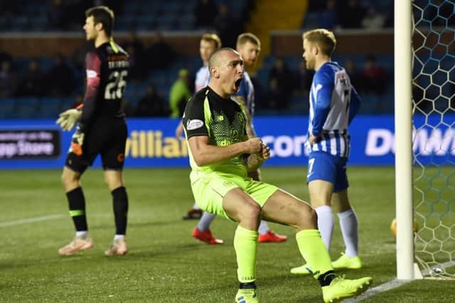 Scott Brown celebrates his late goal in Celtic's 1-0 win at Kilmarnock last season