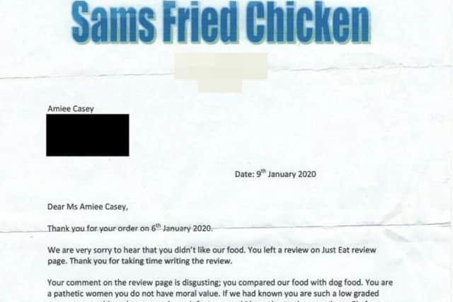 She described the food as "slimy" and claimed even her dog wouldn't eat it - to which the restaurant took great offence.
