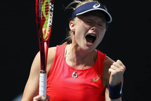Britains Harriet Dart celebrates beating Misaki Doi of Japan in the womens singles first round. Picture: Clive Brunskill/Getty
