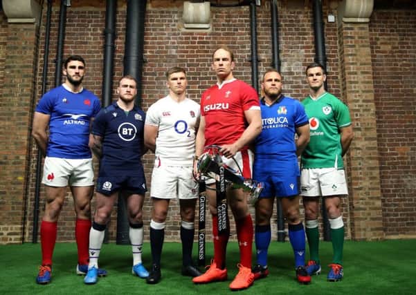 Team captains pose ahead of the 2020 Six Nations Trophy. From left: France's Charles Ollivon, Scotland's Stuart Hogg, England's Owen Farrell,  Wales' Alun Wyn Jones, Italy's Luca Bigi and Ireland's Jonathan Sexton. Picture: Steven Paston/PA Wire