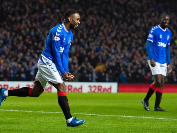 Jermaine Defoe celebrates putting Rangers in front. Picture: SNS