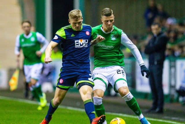 Florian Kamberi battles for possession with Hamilton's Will Collar. Picture: SNS