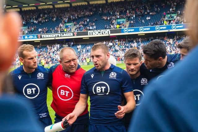 Finn Russell rallies the troops ahead of last summer's World Cup warm-up win over France at BT Murrayfield. Picture: SRU/SNS