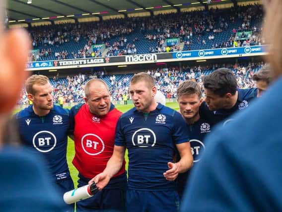 Finn Russell rallies the troops ahead of last summer's World Cup warm-up win over France at BT Murrayfield. Picture: SRU/SNS