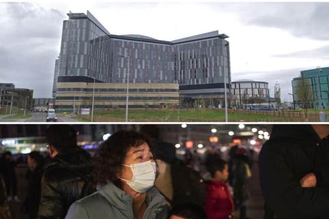 It has been reported that two patients at Glasgow's Queen Elizabeth Hospital (top) have been isolated. The outbreak of coronavirus began in China (bottom).
