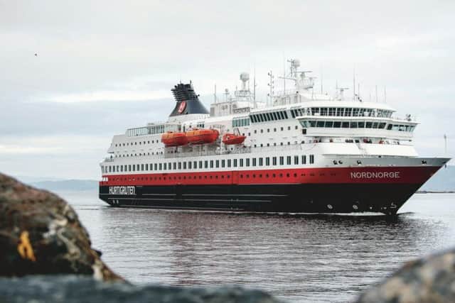 The Ms Nordnorge, one of the ships which sails the 1,250 mile Hurigruten route between Kirkenes and Bergen year round, bringing supplies to the communities along the coast, as well as tourists