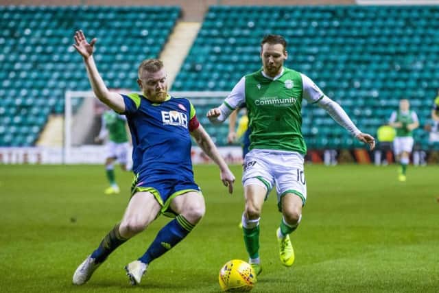 Martin Boyle, taking on Hamilton Accies Brian Easton on Wednesday night, laid on Hibs winning goal for Paul Hanlon. Picture: SNS.