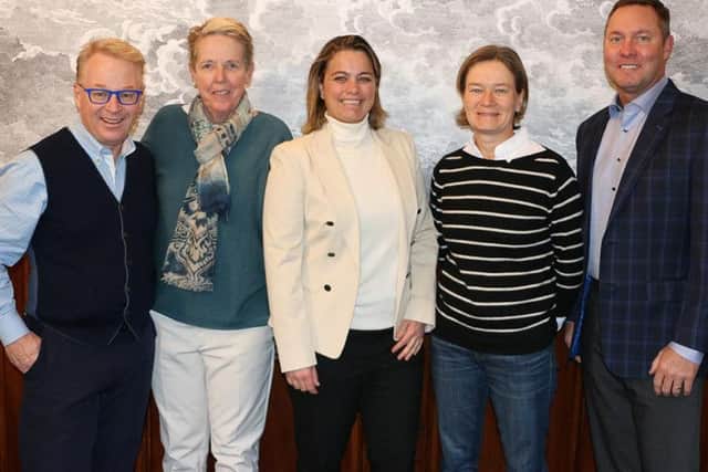 European Tour chief executive Keith Pelley, LET chair Marta Figueras-Dotti, LET CEO Alexandra Armas, European Solheim Cup captain Catriona Matthew and LPGA commissioner Mike Whan at the 2020 schedule announcement at LETs headquarters at Buckinghamshire Golf Club