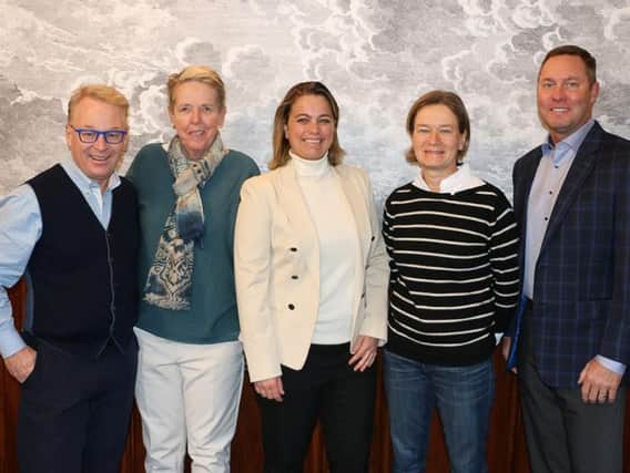 European Tour chief executive Keith Pelley, LET chair Marta Figueras-Dotti, LET CEO Alexandra Armas, European Solheim Cup captain Catriona Matthew and LPGA commissioner Mike Whan at the 2020 schedule announcement at LETs headquarters at Buckinghamshire Golf Club