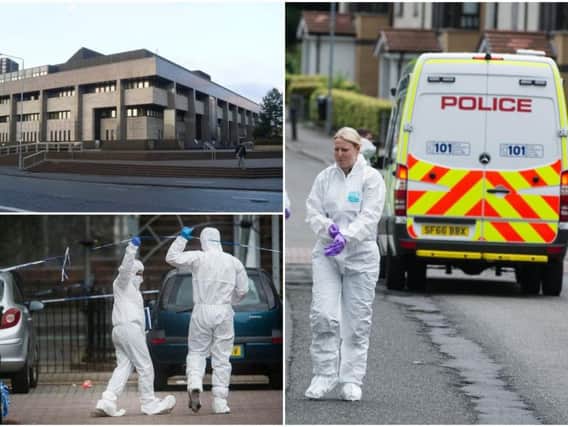 Glasgow Sheriff Court and pictures of the scene where Jamie was shot in Glasgow in 2017   picture: JPI Media