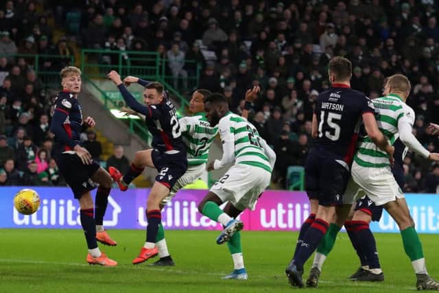 Odsonne Edouard puts Celtic 2-0 in front against Ross County shortly after coming on as a second-half substitute. Picture: Andrew Milligan/PA