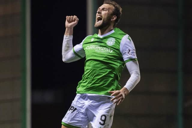 Christian Doidge celebrates scoring his second goal in Hibernians 4-2 defeat of Dundee United. Picture: SNS