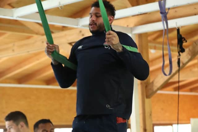 Courtney Lawes works out in the gym as England prepare to face France on Sunday. Picture: Getty.