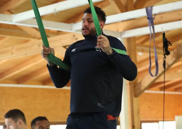Courtney Lawes works out in the gym as England prepare to face France on Sunday. Picture: Getty.