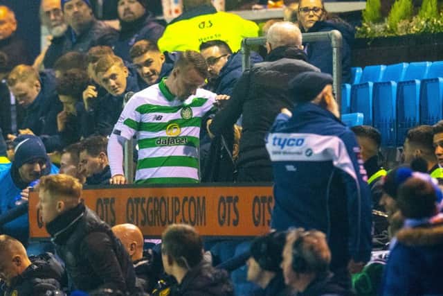 A Kilmarnock supporter complains after Leigh Griffiths threw some sock tape into the crowd at Rugby Park. Picture: Craig Williamson/SNS