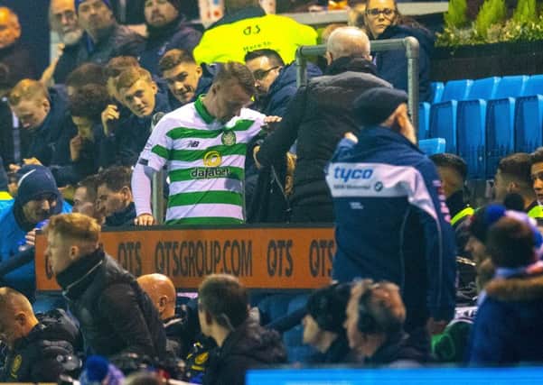 A Kilmarnock supporter complains after Leigh Griffiths threw some sock tape into the crowd at Rugby Park. Picture: Craig Williamson/SNS
