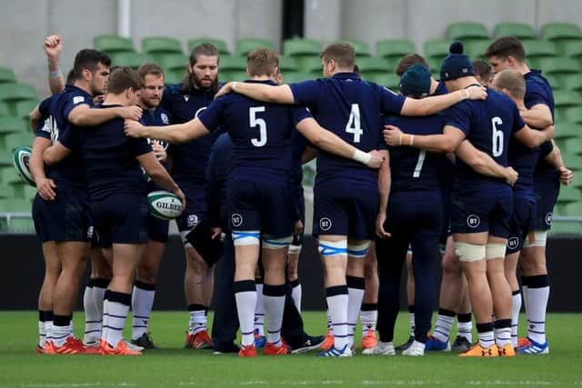 A show of togetherness from the Scottish players after a torrid build-up to their first match in this season's Six Nations against Ireland in Dublin. Picture: Donall Farmer/PA Wire