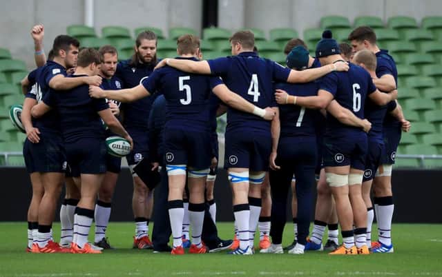 A show of togetherness from the Scottish players after a torrid build-up to their first match in this season's Six Nations against Ireland in Dublin. Picture: Donall Farmer/PA Wire