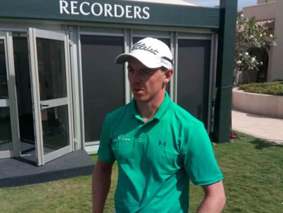 Grant Forrest talks to reporters after carding a four--under-par 66 in the  third round of the Saudi International at Royal Greens Golf Club in King Abdullah City