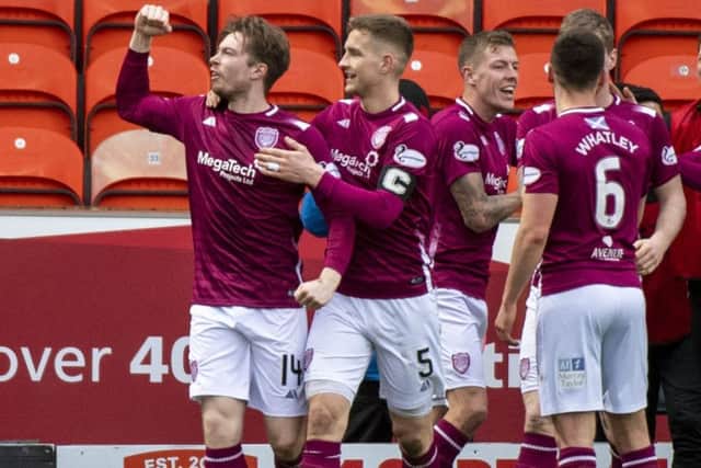 Arbroath's Craig Wighton (left) celebrates his goal against runaway Championship leaders Dundee United. Picture: Euan Cherry / SNS