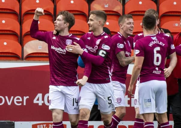 Arbroath's Craig Wighton (left) celebrates his goal against runaway Championship leaders Dundee United. Picture: Euan Cherry / SNS