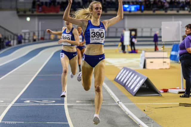 Jemma Reekie crosses the line to beat Jenny Meadows' British 800m record. Picture: Bobby Gavin/scottishathletics