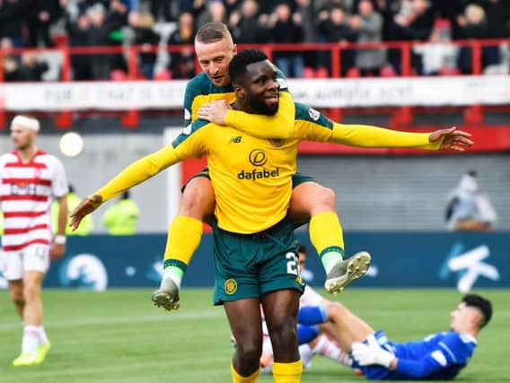 Two-goal hero Odsonne Edouard celebrates with Leigh Griffiths