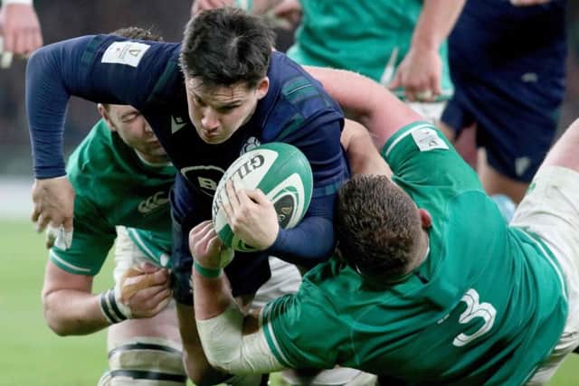 Ireland prop Tadhg Furlong tackles Scotland centre Sam Johnson as the visitors came up short on the road once again. Picture: Paul Faith/AFP via Getty Images