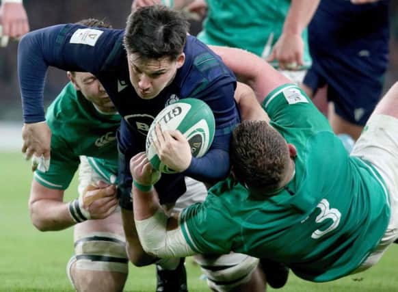 Ireland prop Tadhg Furlong tackles Scotland centre Sam Johnson as the visitors came up short on the road once again. Picture: Paul Faith/AFP via Getty Images