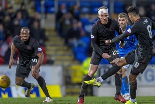 Sean Clare rifles home Hearts equaliser in added time to rescue a point against St Johnstone at McDiarmid Park on Saturday. Picture: SNS