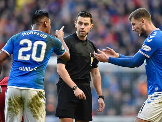 Alfredo Morelos has words with referee Andrew Dallas during Rangers' 0-0 draw with Aberdeen