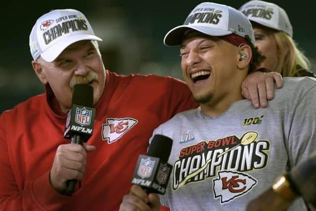 Kansas City Chiefs head coach Andy Reid, left, and quarterback Patrick Mahomes after their Super Bowl win. Picture: Mark J. Terrill/AP