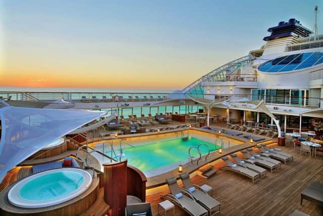 One of the pools on Seabourn Ovation, where Earth & Ocean serves up al fresco food for an informal feast