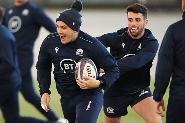 Scotland centre Sam Johnson gets away from stand-off Adam Hastings during a training drill as Scotland begin their preparations for the Calcutta Cup. Picture: Ian MacNicol/Getty