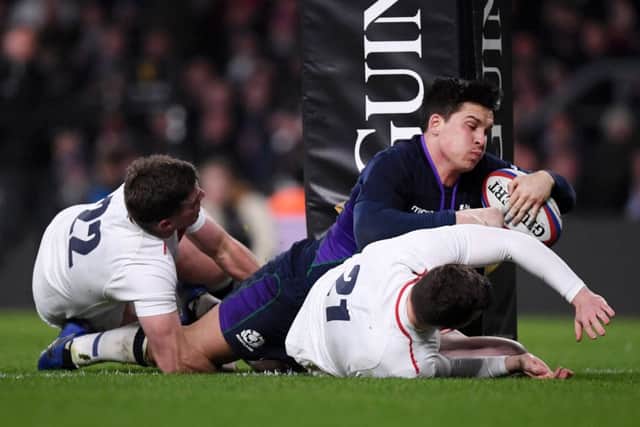 Sam Johnson barges under the posts to score his sensational try in last year's astonishing 38-38 draw at Twickenham. Picture: Laurence Griffiths/Getty Images